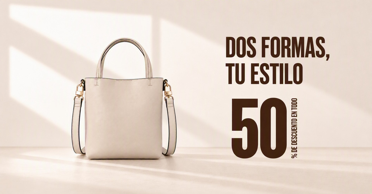 Tote beige y mensaje de descuento en formato horizontal